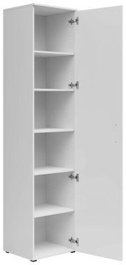 Weißer Mehrzweckschrank mit fünf offenen Regalböden, Tür geöffnet, seitliche Perspektive