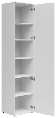 Weißer Mehrzweckschrank mit fünf offenen Regalböden, Tür geöffnet, seitliche Perspektive