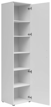 Witte multifunctionele kast met vijf open planken, deur open, zijaanzicht