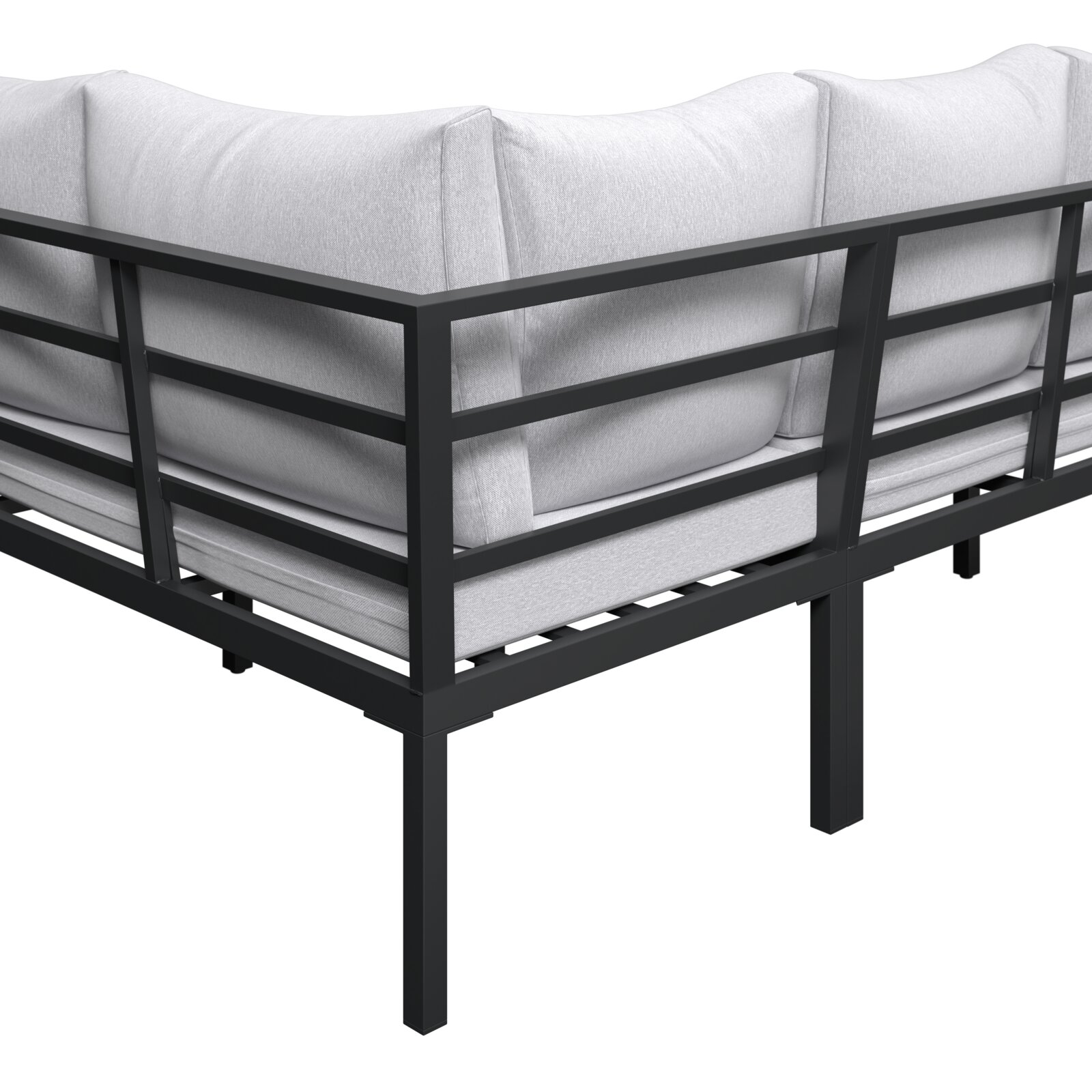 Eckmodul einer Outdoor-Lounge mit schwarzem Metallrahmen und hellgrauen Polstern, Ansicht schräg von hinten/seitlich.