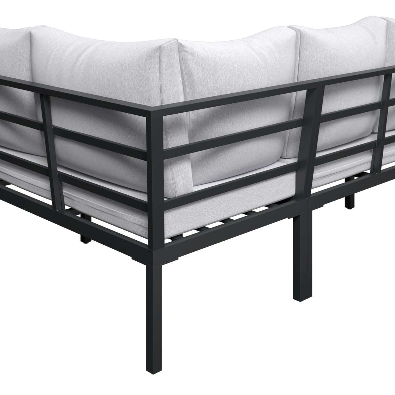 Eckmodul einer Outdoor-Lounge mit schwarzem Metallrahmen und hellgrauen Polstern, Ansicht schräg von hinten/seitlich.