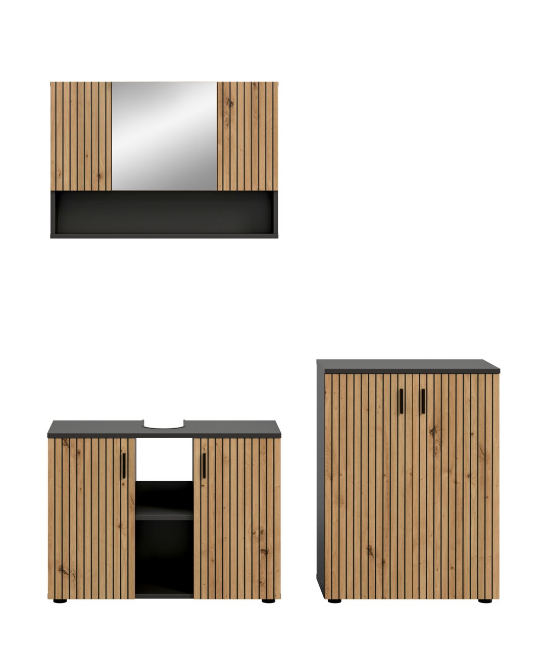 Modernes Badmöbel-Set aus Holz mit vertikalen Lamellen und schwarzer Ablageplatte, bestehend aus Spiegel und zwei Unterschränken; Ansicht frontal (gerade von vorn) auf weißem Hintergrund.
