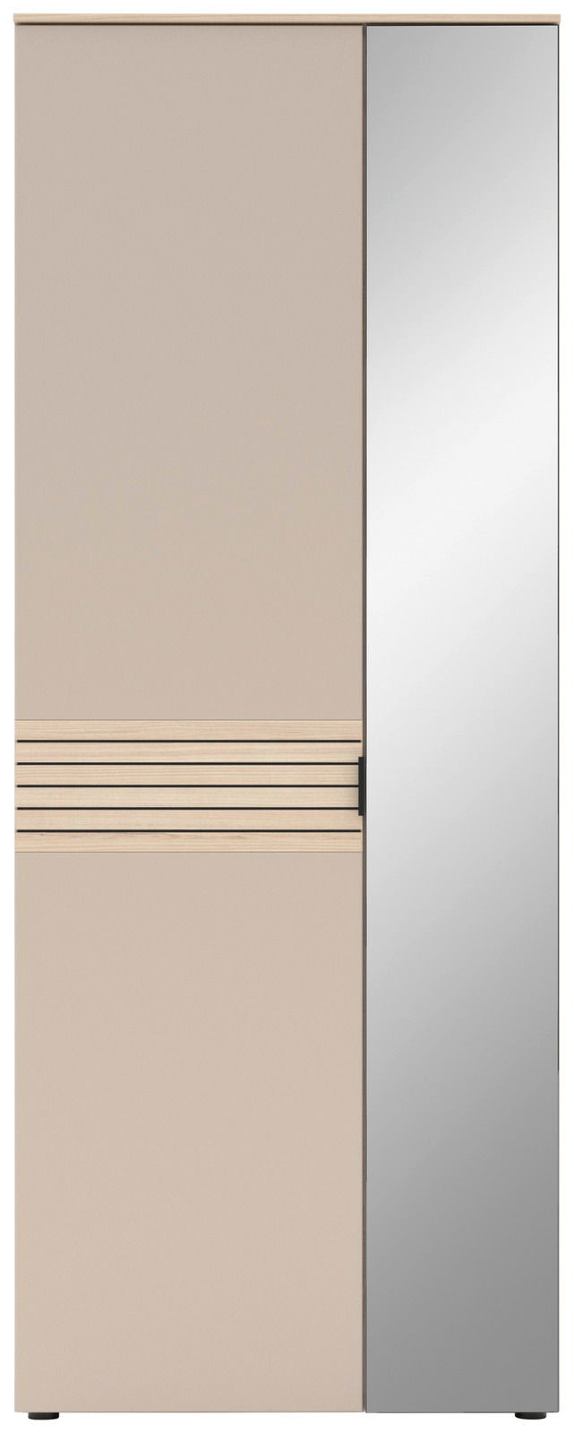 Moderner Garderobenschrank mit einer Kombination aus beiger Tür und Spiegeltür, Frontalansicht.