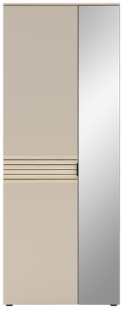 Moderner Garderobenschrank mit einer Kombination aus beiger Tür und Spiegeltür, Frontalansicht.