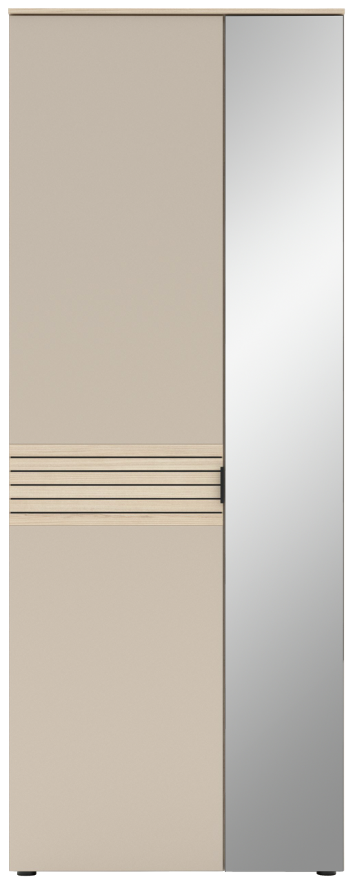 Moderner Garderobenschrank mit einer Kombination aus beiger Tür und Spiegeltür, Frontalansicht.