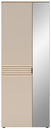 Moderner Garderobenschrank mit einer Kombination aus beiger Tür und Spiegeltür, Frontalansicht.
