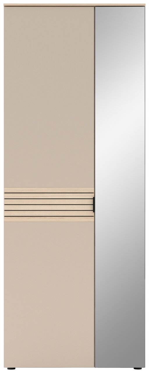 Moderner Garderobenschrank mit einer Kombination aus beiger Tür und Spiegeltür, Frontalansicht.