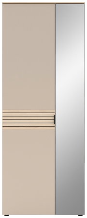 Moderner Garderobenschrank mit einer Kombination aus beiger Tür und Spiegeltür, Frontalansicht.