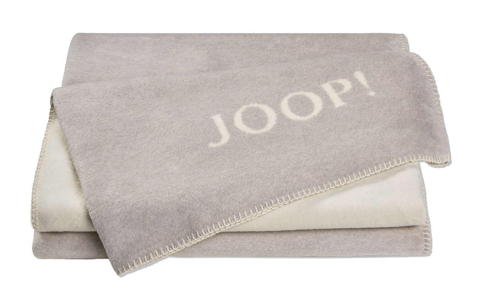 Graue Decke mit dem Schriftzug 'JOOP!' in einer gefalteten Perspektive.