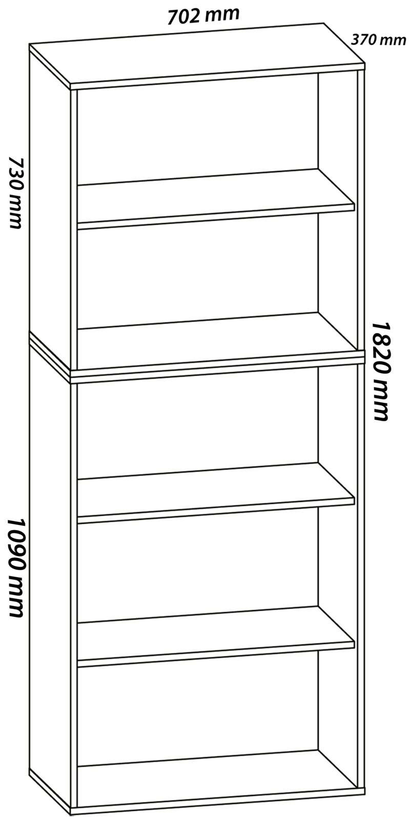 Technische Strichzeichnung eines offenen Regals/Schranks mit drei Einlegeböden, Maße ca. 702 mm Breite, 370 mm Tiefe und 1820 mm Höhe, dargestellt in leicht schräger Frontansicht (Perspektive von vorne oben).