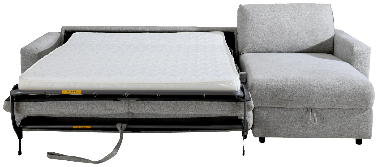 Graues Schlafsofa mit ausgeklapptem Bett, weißer Matratze und seitlicher Chaiselongue, frontal dargestellt