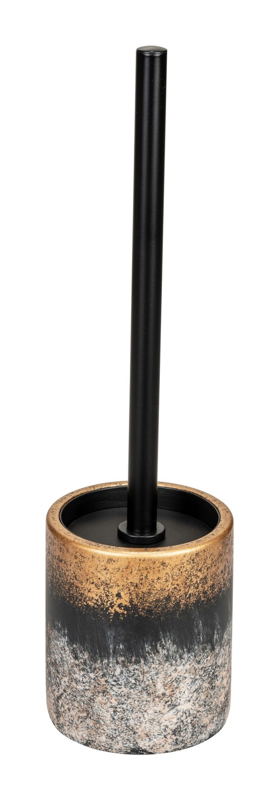 WC-Garnitur Lacona mit schwarzem Stiel und dekorativem, gold-schwarz marmoriertem Behälter, seitliche Perspektive