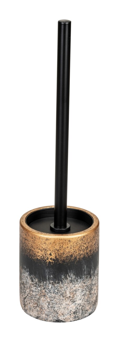 WC-Garnitur Lacona mit schwarzem Stiel und dekorativem, gold-schwarz marmoriertem Behälter, seitliche Perspektive