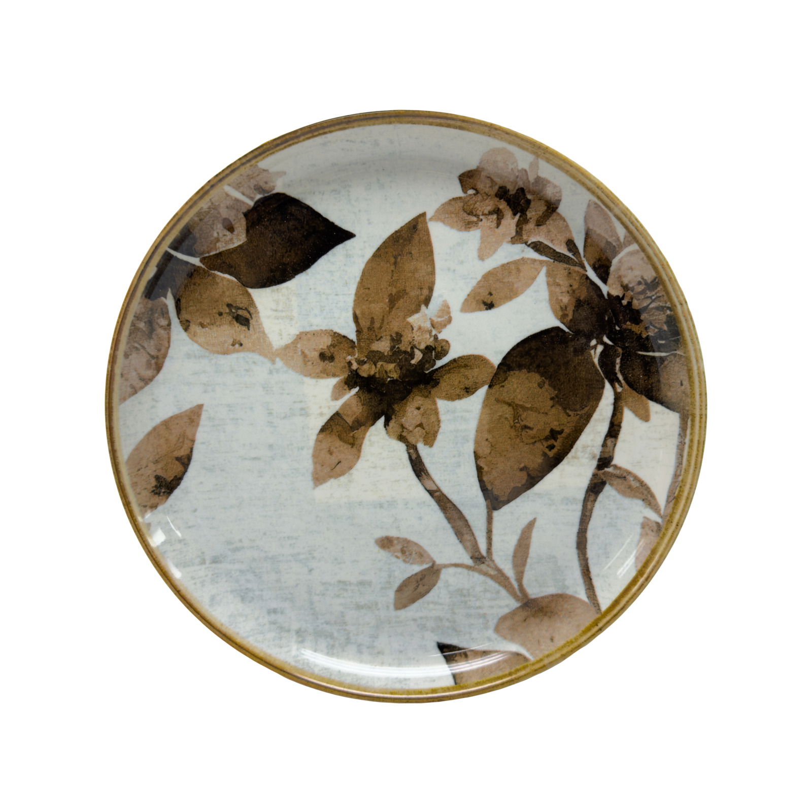 Runde Platte mit floralem Muster in Braun- und Beigetönen, Draufsicht