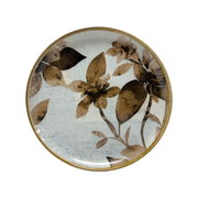 Runde Platte mit floralem Muster in Braun- und Beigetönen, Draufsicht