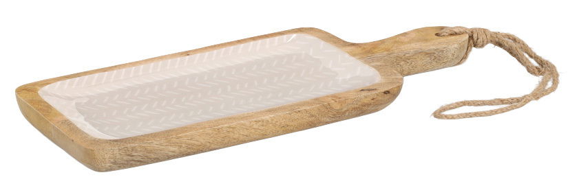 Servierbrett aus Mangoholz mit Griff und Kordel, seitliche Perspektive