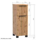 Unterschrank aus Holz mit vertikalen schwarzen Streifen, Maße: 79 cm hoch, 35 cm breit, 30 cm tief, Perspektive von vorne links