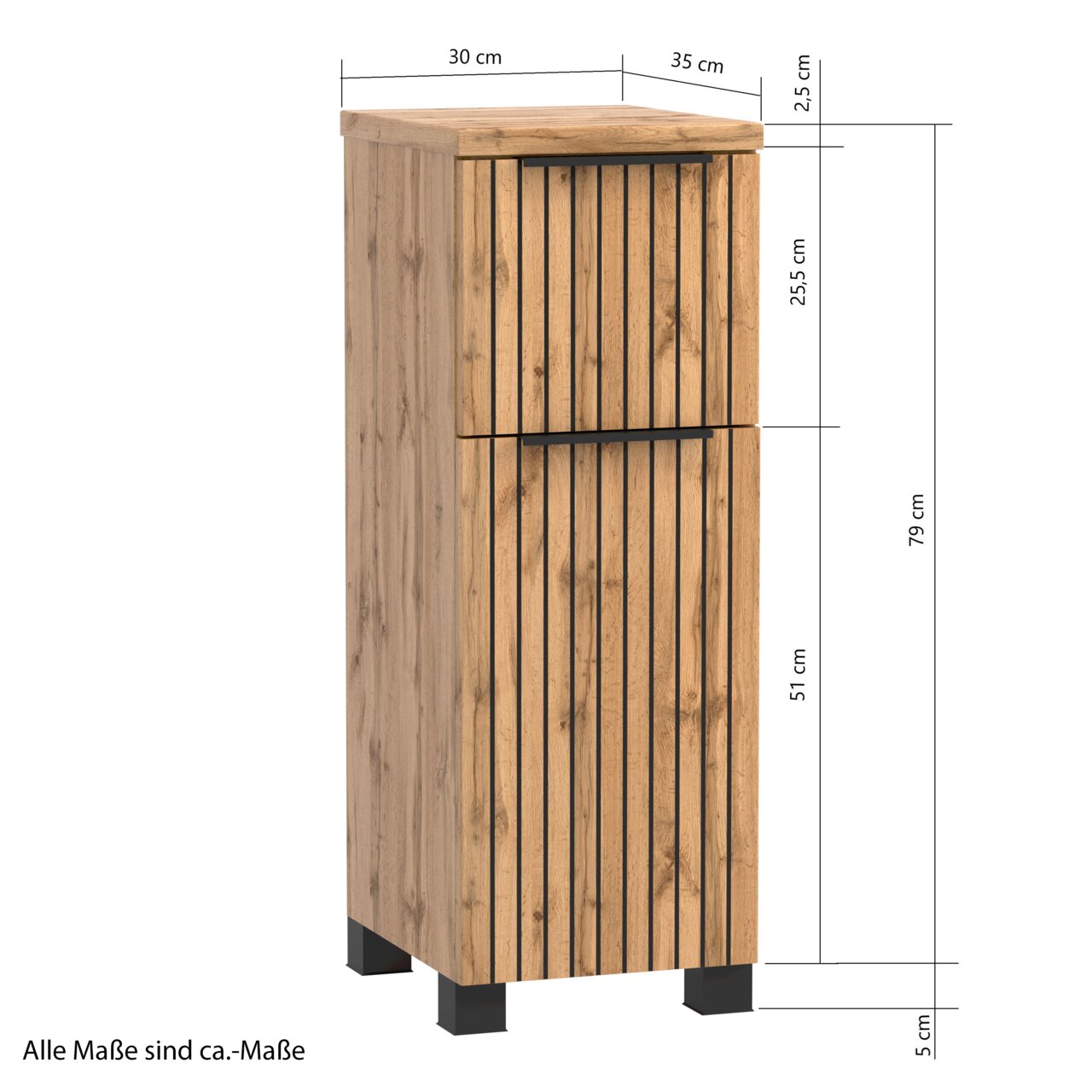 Unterschrank aus Holz mit vertikalen schwarzen Streifen, Maße: 79 cm hoch, 35 cm breit, 30 cm tief, Perspektive von vorne links