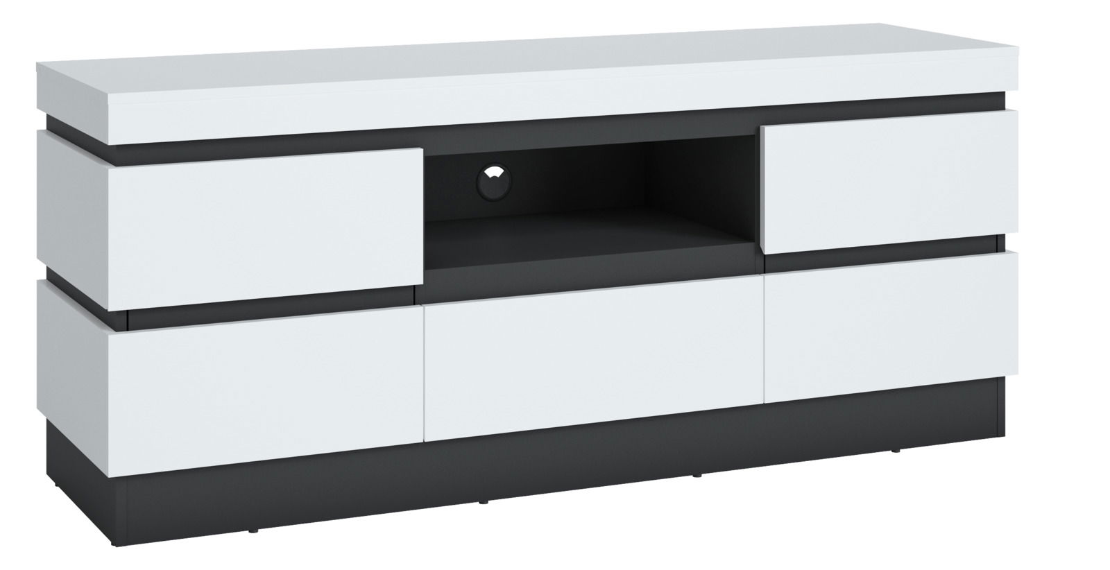 Z2 TV-Lowboard Campania Modernes TV-Lowboard in Weiß und Schwarz mit mehreren Schubladen und offenem Fach, seitliche Perspektive