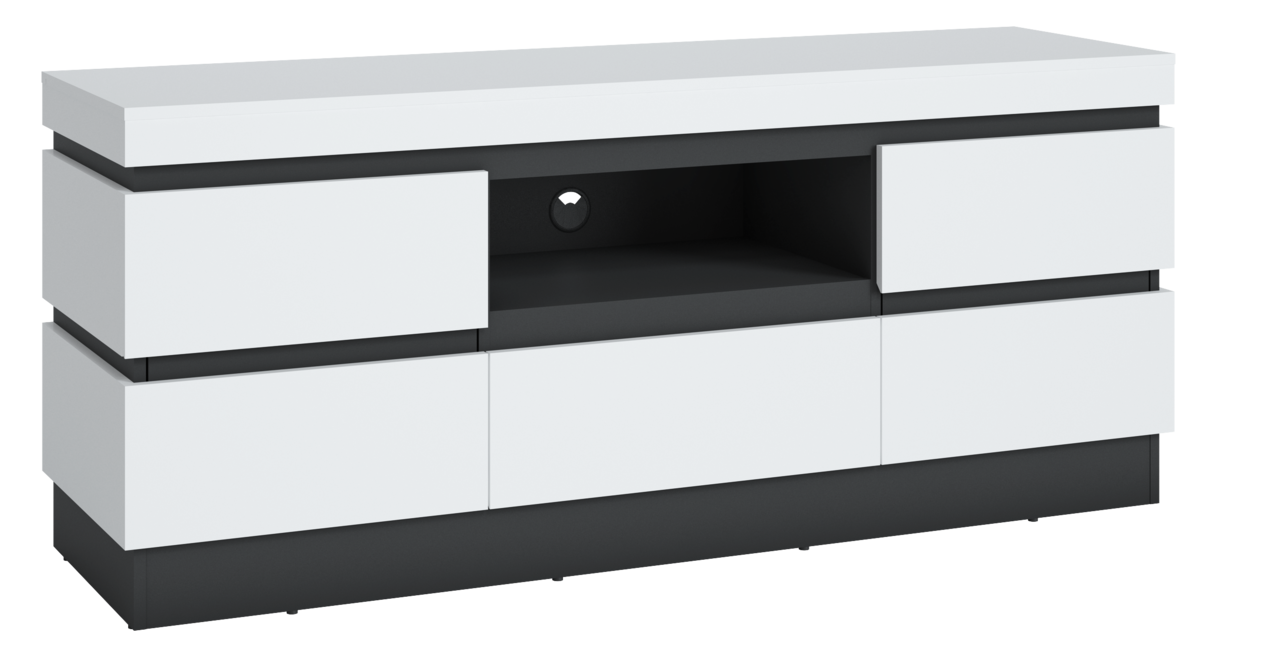 Z2 TV-Lowboard Campania Modernes TV-Lowboard in Weiß und Schwarz mit mehreren Schubladen und offenem Fach, seitliche Perspektive