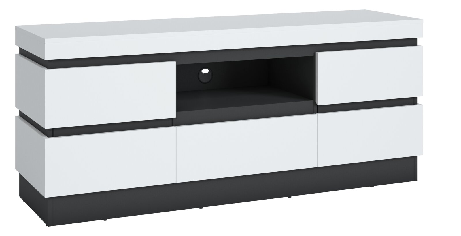 Z2 TV-Lowboard Campania Modernes TV-Lowboard in Weiß und Schwarz mit mehreren Schubladen und offenem Fach, seitliche Perspektive