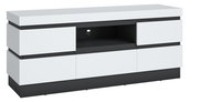 Modernes TV-Lowboard in Weiß und Schwarz mit mehreren Schubladen und offenem Fach, seitliche Perspektive