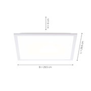 Quadratische LED-Deckenleuchte/Panel in Weiß mit Maßangaben, Frontansicht: Breite 29,5 cm, Länge 29,5 cm, Höhe 6 cm