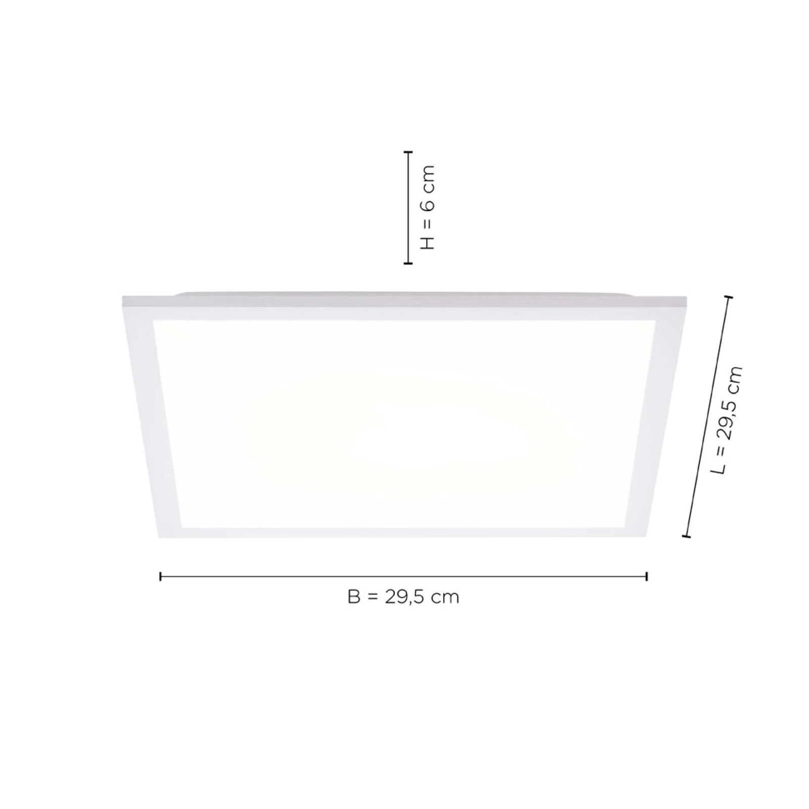 Quadratische LED-Deckenleuchte/Panel in Weiß mit Maßangaben, Frontansicht: Breite 29,5 cm, Länge 29,5 cm, Höhe 6 cm