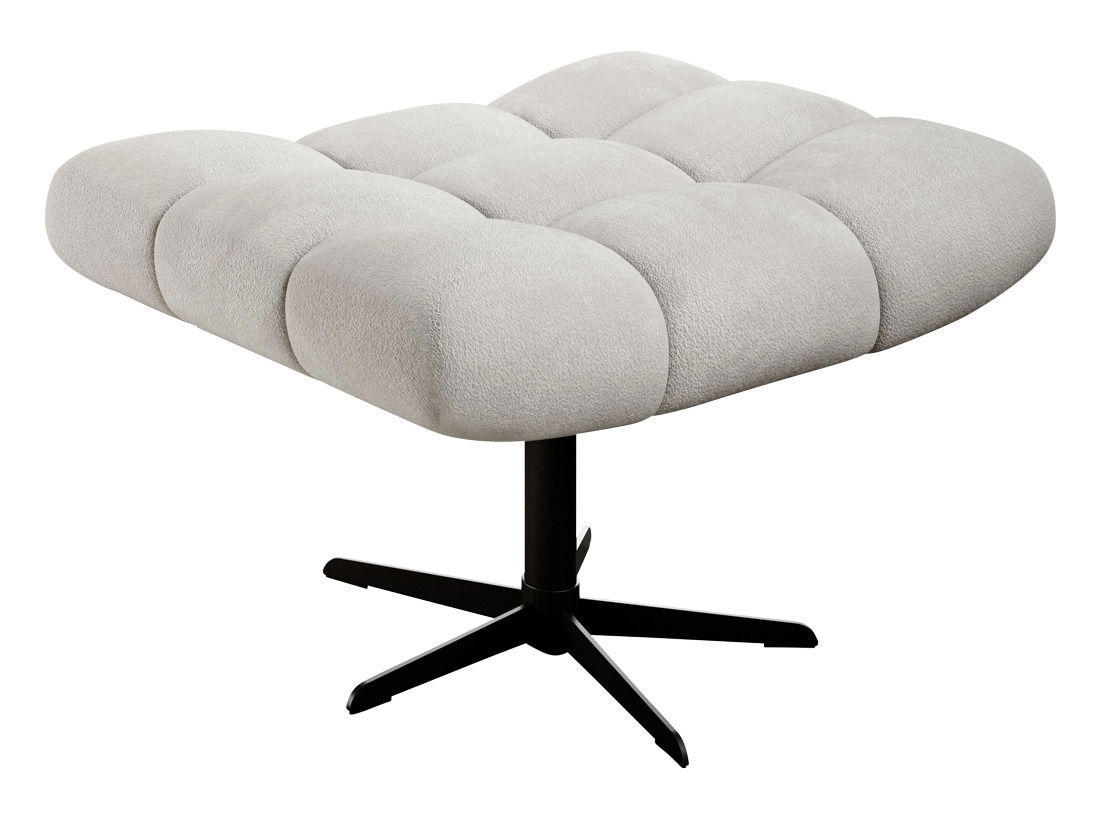 Moderner Hocker mit gepolsterter, hellgrauer Sitzfläche und schwarzem Metallfuß, seitliche Perspektive.