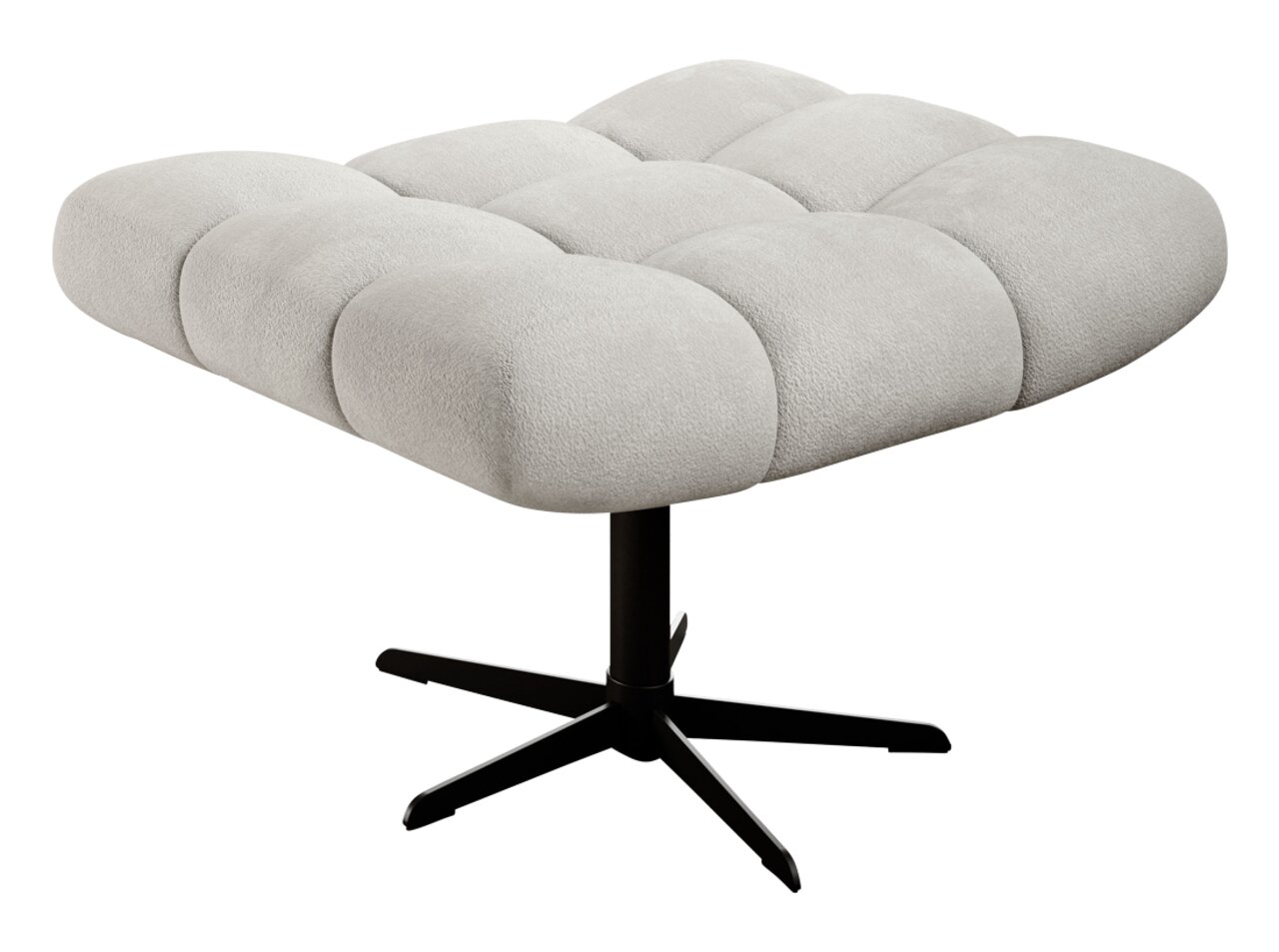Moderner Hocker mit gepolsterter, hellgrauer Sitzfläche und schwarzem Metallfuß, seitliche Perspektive.