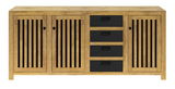 Frontale Ansicht eines modernen Sideboards mit zwei Holztüren mit vertikalen Lamellen und vier schwarzen Schubladen.