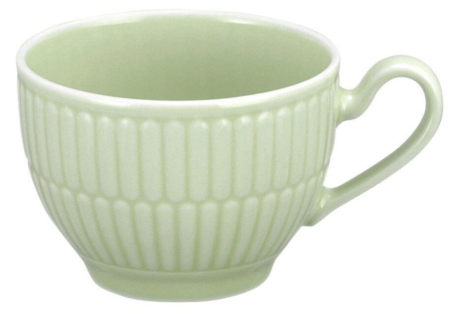 Grüne Espressotasse mit geriffeltem Design, seitliche Perspektive