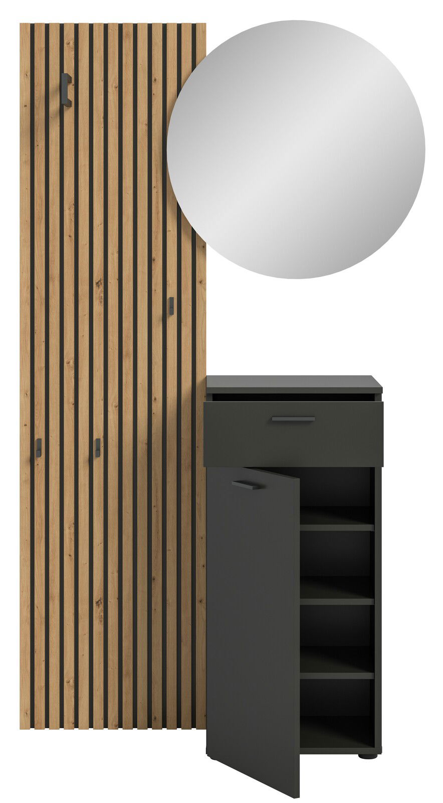Garderobenkombination mit Holzpaneel, rundem Spiegel und schwarzem Schrank mit offener Tür, Frontalansicht.