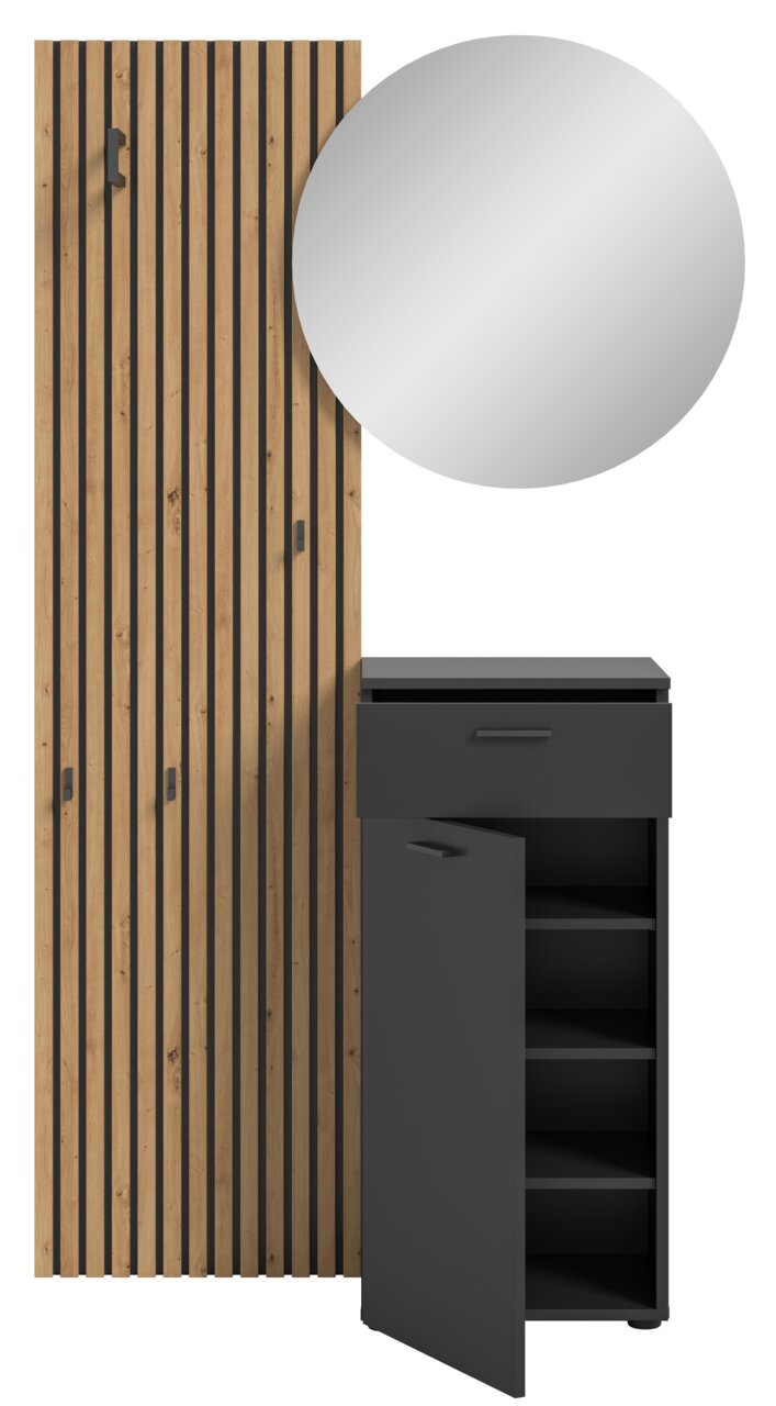 Garderobenkombination mit Holzpaneel, rundem Spiegel und schwarzem Schrank mit offener Tür, Frontalansicht.