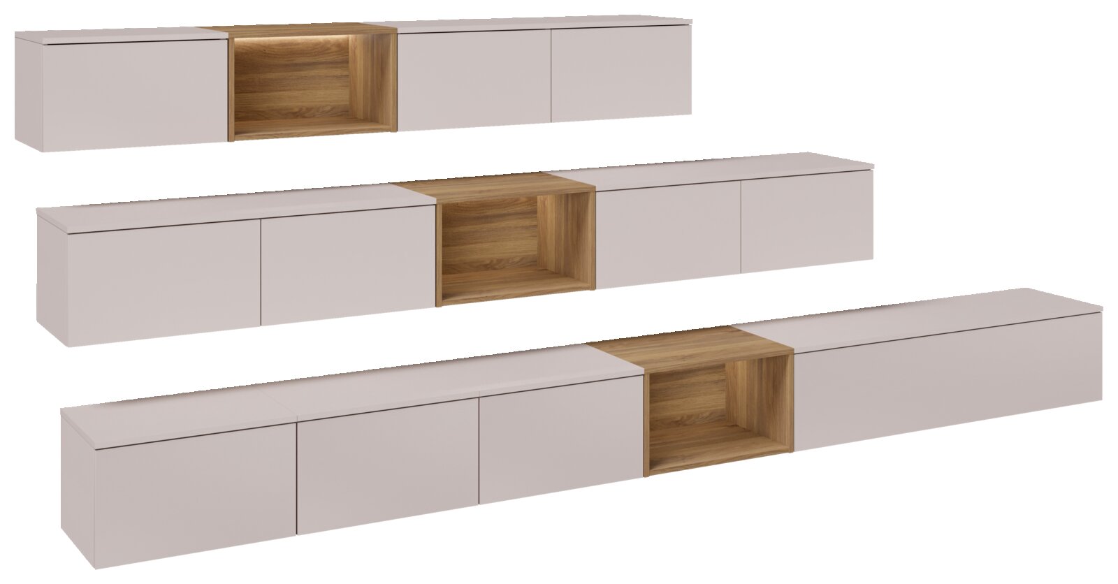 Modernes TV-Lowboard/Sideboard in Weiß mit mittigem offenem Holzfach in Eiche-Optik, drei Varianten in schräger Frontansicht (3/4-Perspektive) auf weißem Hintergrund