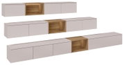Modernes TV-Lowboard/Sideboard in Weiß mit mittigem offenem Holzfach in Eiche-Optik, drei Varianten in schräger Frontansicht (3/4-Perspektive) auf weißem Hintergrund