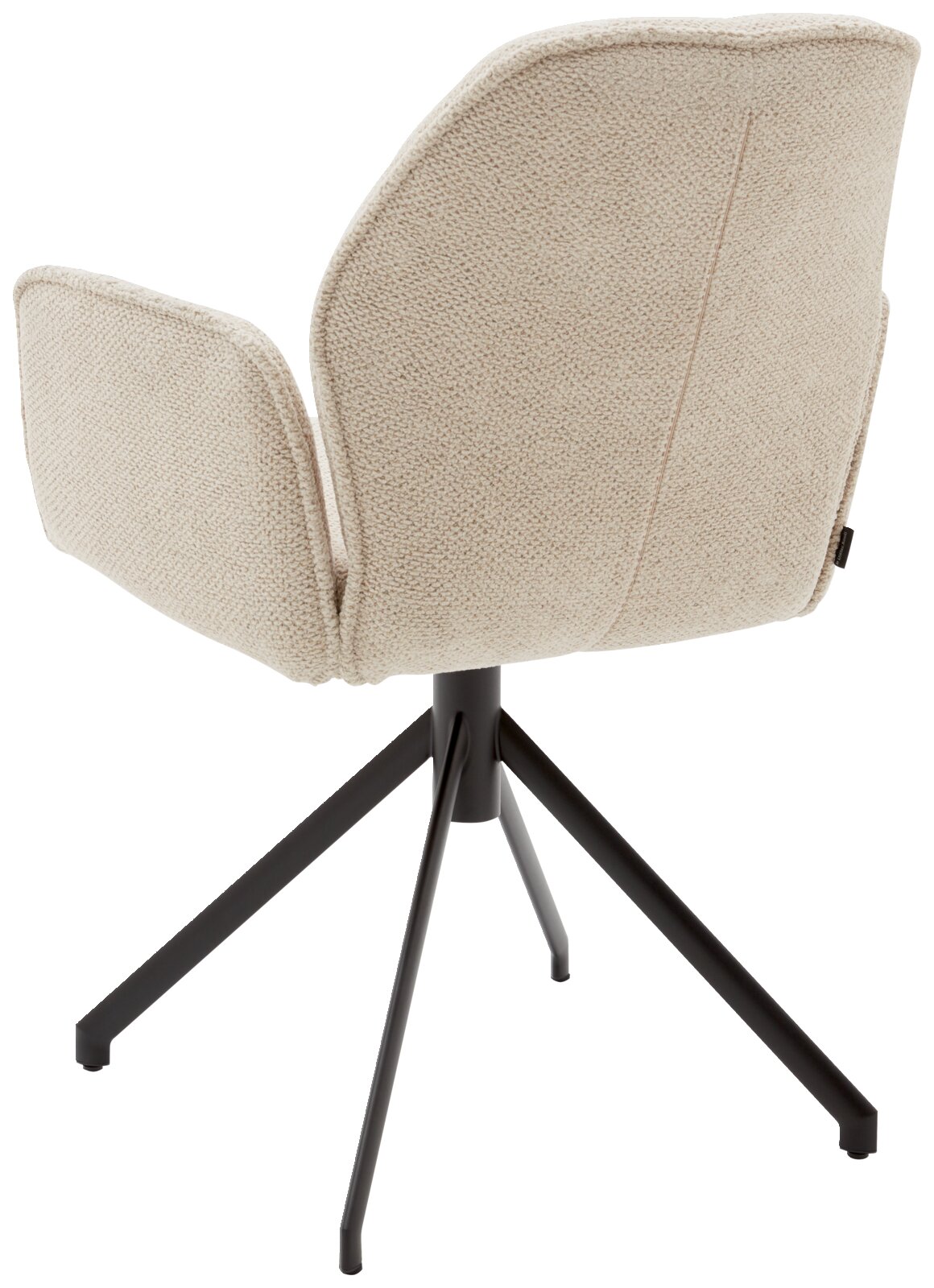 Achterkant van een moderne fauteuil met een beige stoffen bekleding en een zwart metalen frame.