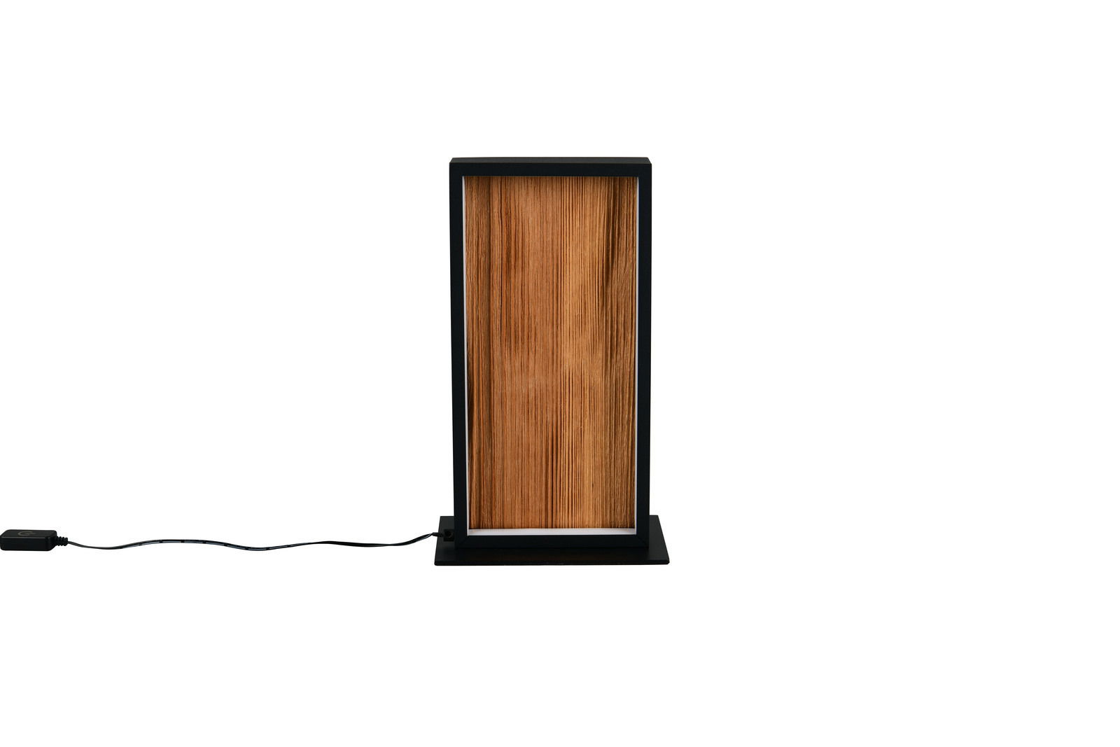 Moderne Tischleuchte mit rechteckigem Holzpaneel und schwarzem Rahmen, Frontalansicht