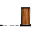 Moderne Tischleuchte mit rechteckigem Holzpaneel und schwarzem Rahmen, Frontalansicht