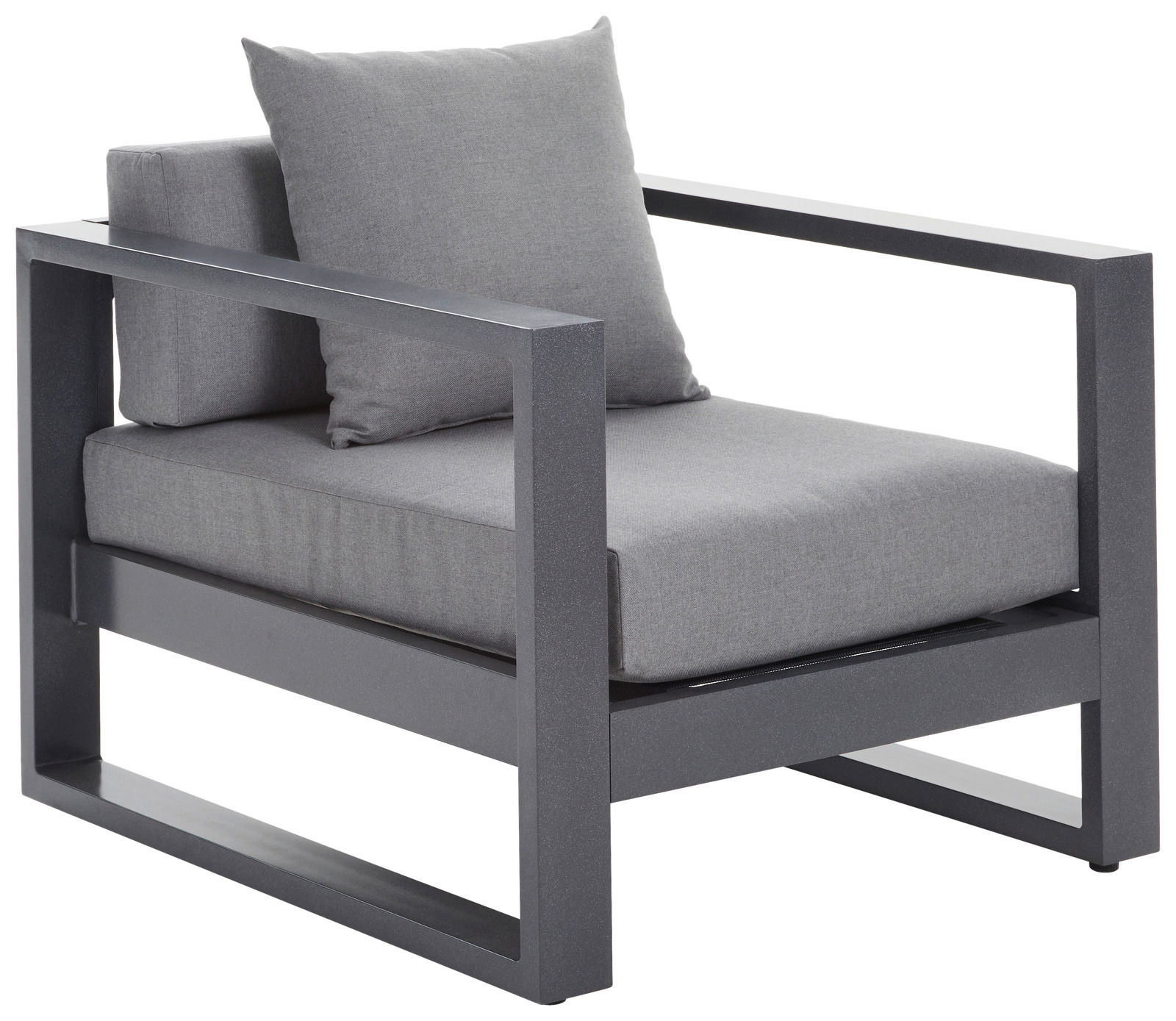 Moderner Lounge-Sessel mit grauem Metallrahmen und grauen Kissen, seitliche Perspektive