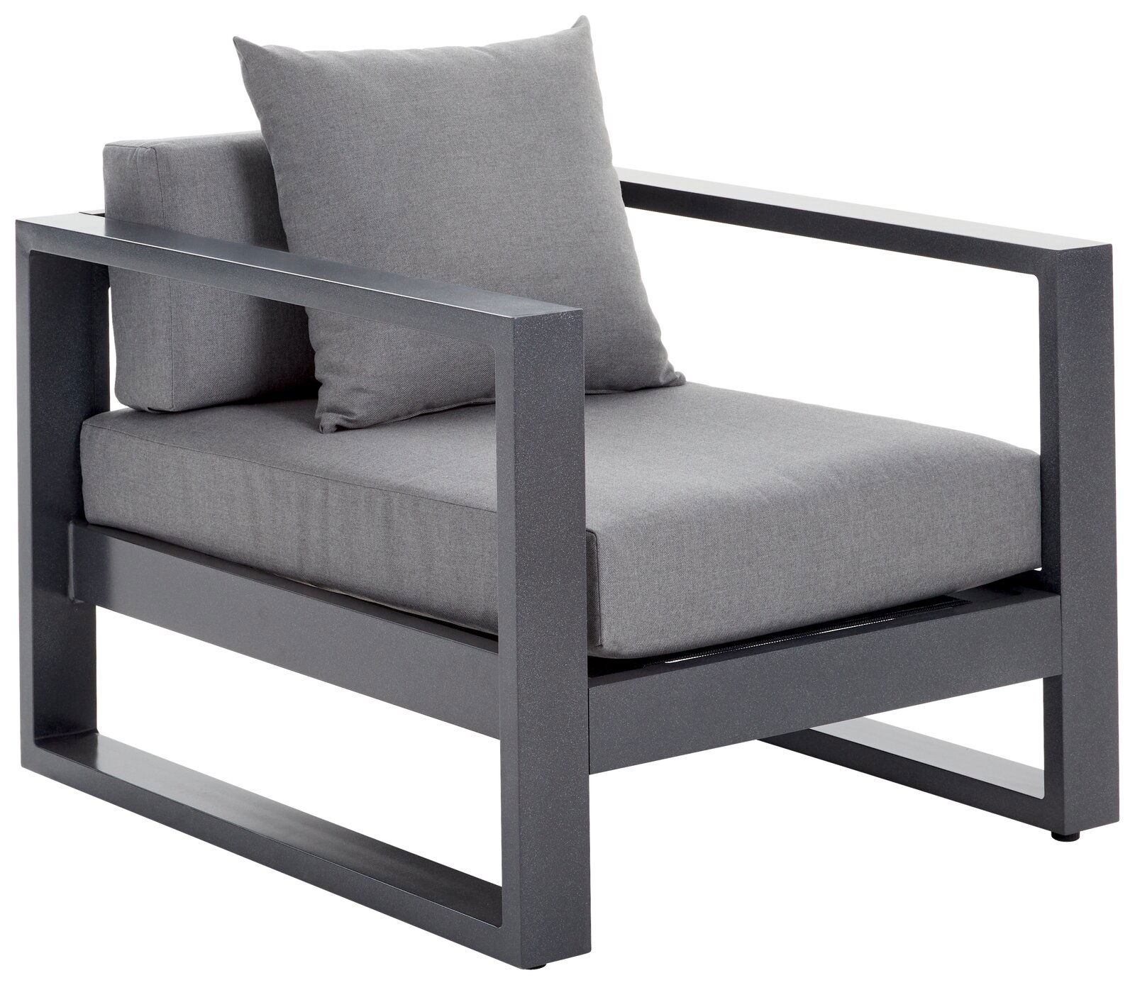 Amatio Loungefauteuil WILLIS Moderner Lounge-Sessel mit grauem Metallrahmen und grauen Kissen, seitliche Perspektive