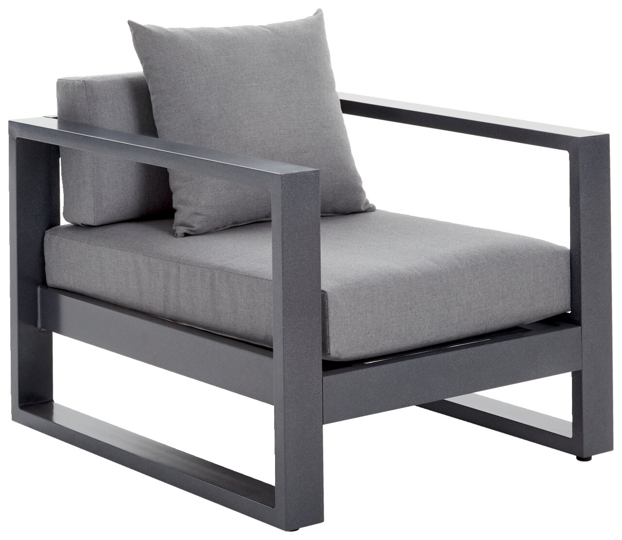 Moderner Lounge-Sessel mit grauem Metallrahmen und grauen Kissen, seitliche Perspektive