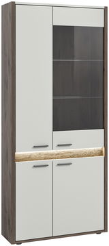 Moderne Vitrine mit Holz- und Glaselementen, Frontansicht