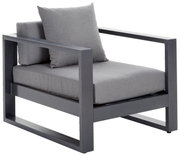 Moderne loungestoel met grijs metalen frame en grijze kussens, zijaanzicht