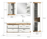 Badkombination mit Waschbecken, Spiegel und Schränken in Holz- und Weißoptik, Frontansicht.