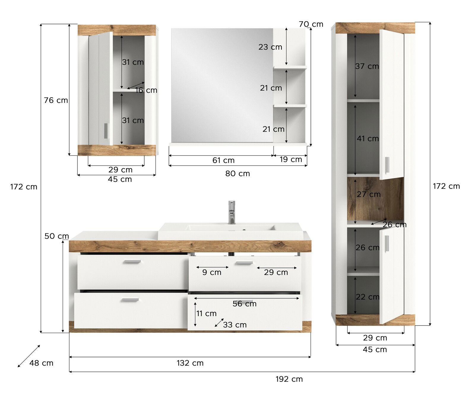 Badkombination mit Waschbecken, Spiegel und Schränken in Holz- und Weißoptik, Frontansicht.