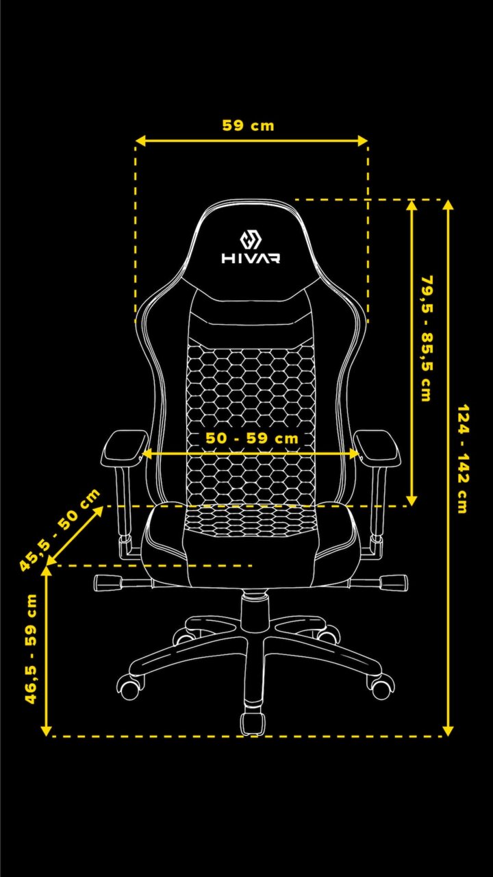 Frontansicht eines Gaming-Stuhls mit verstellbaren Armlehnen und Netzrückenlehne, Maße in Zentimetern angegeben.