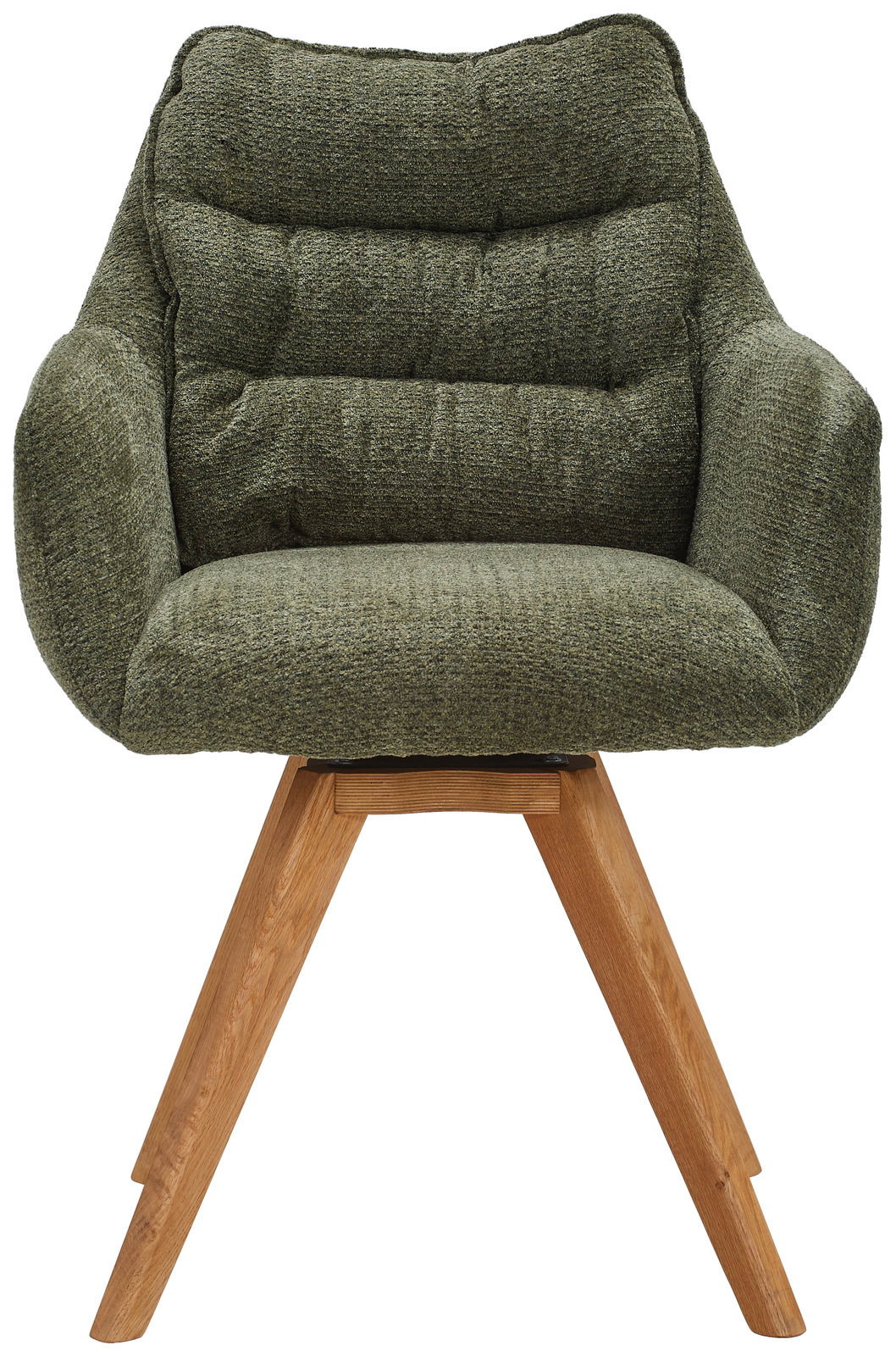 Grüner Armlehnstuhl mit gepolsterter Sitzfläche und Holzbeinen, Frontalansicht