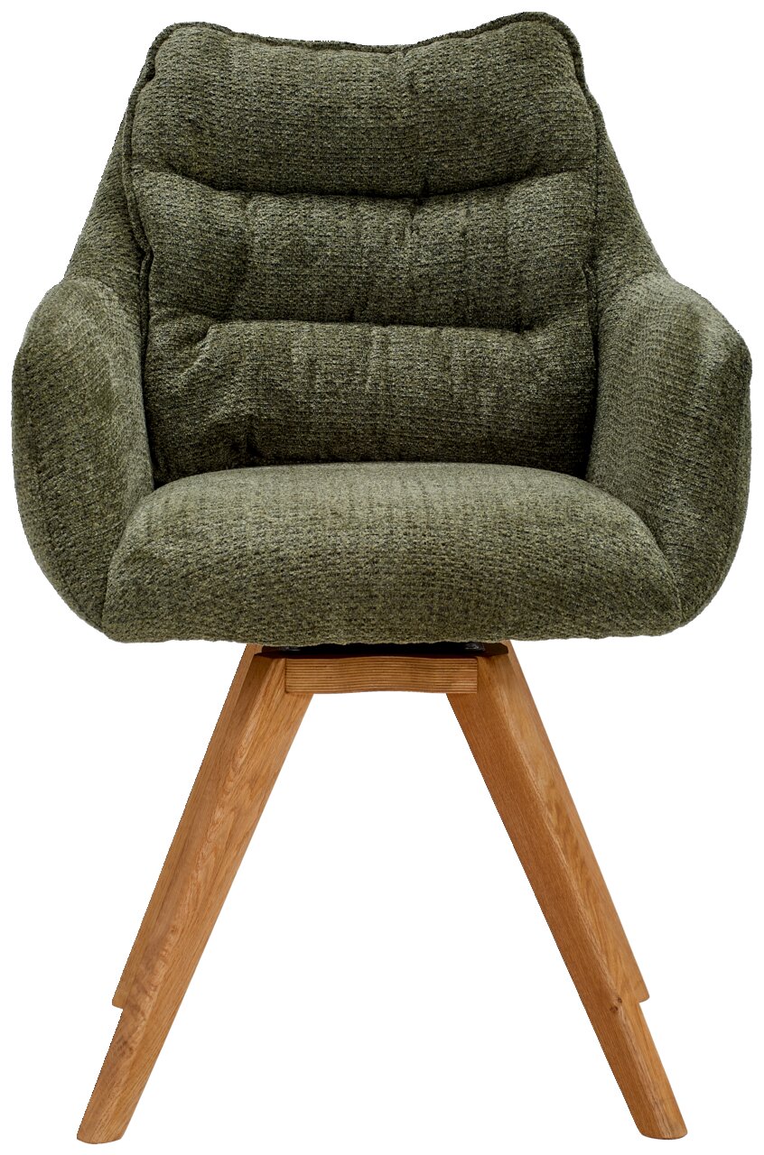 Grüner Armlehnstuhl mit gepolsterter Sitzfläche und Holzbeinen, Frontalansicht