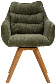 Grüner Armlehnstuhl mit gepolsterter Sitzfläche und Holzbeinen, Frontalansicht